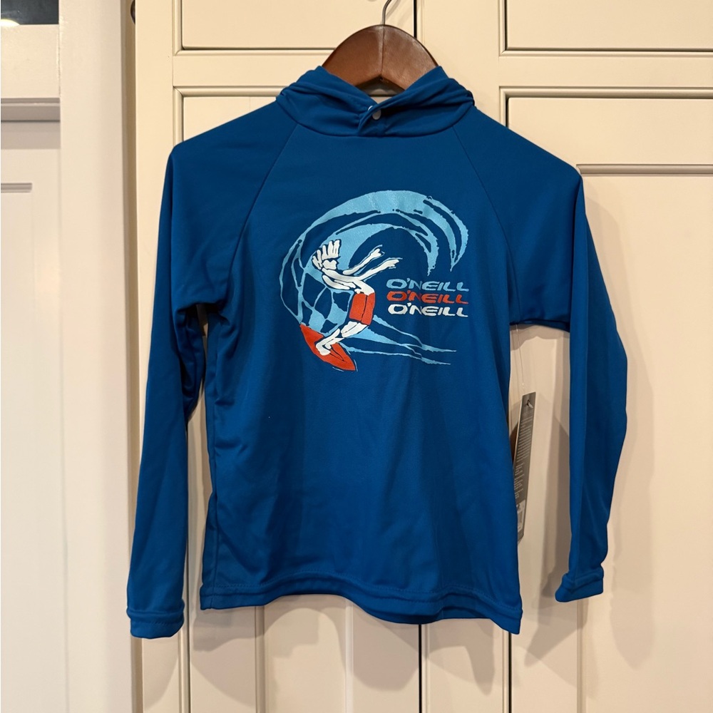 NWT O'Neill Kids Blue Surf Wave Rashguard Hoodie with Orange Accent